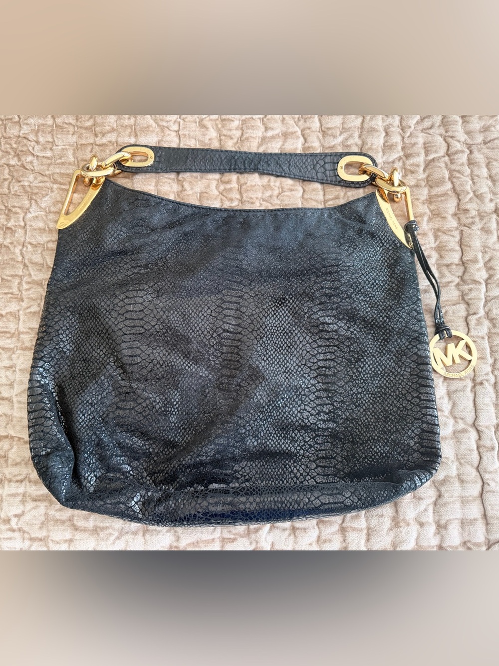 Michael Black Shoulder Bag/Hobo with a Embossed Textured Snake Print